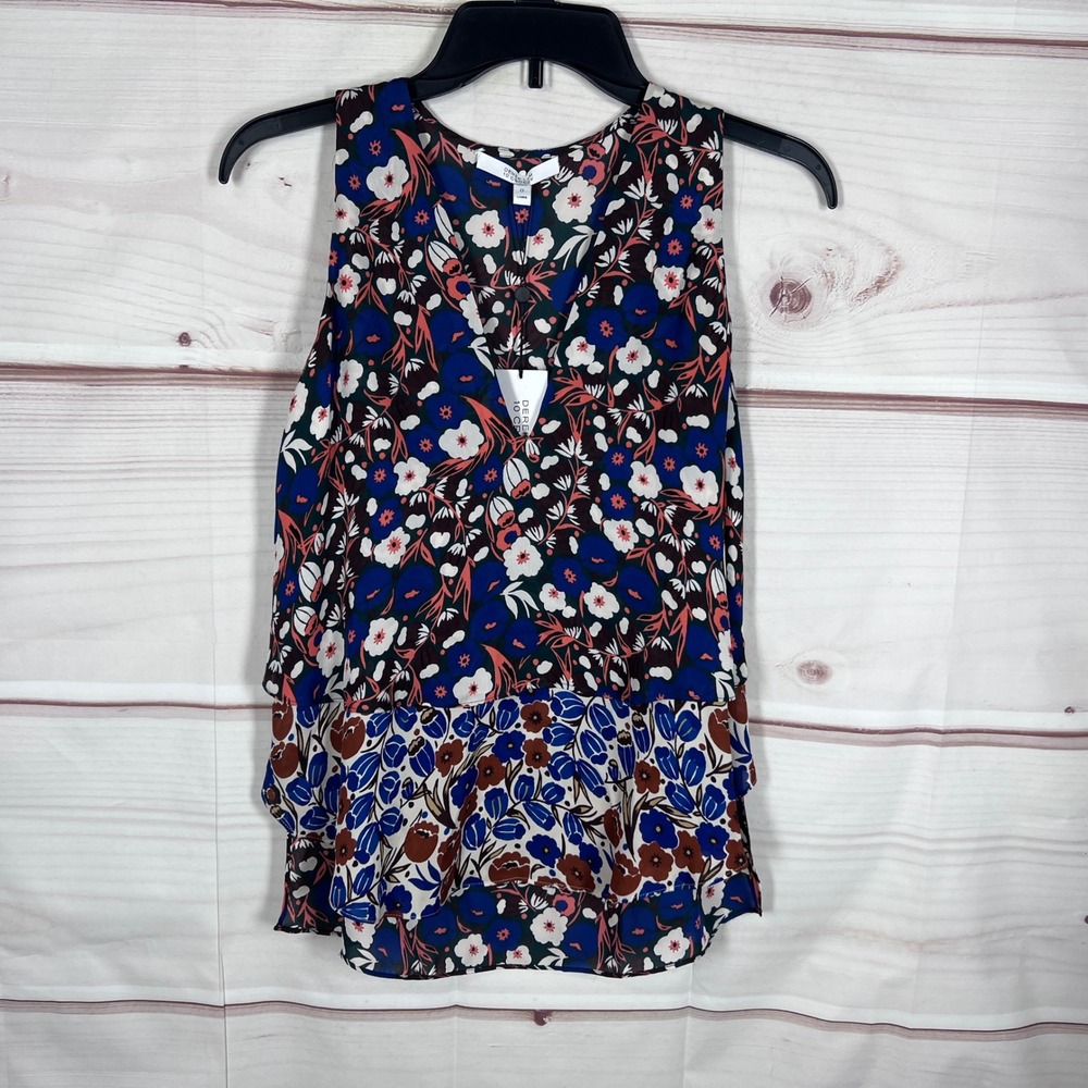 Derek Lam 10 Crosby Top Womens 0 Multicolor Floral Silk Sleeveless Tiered Tank